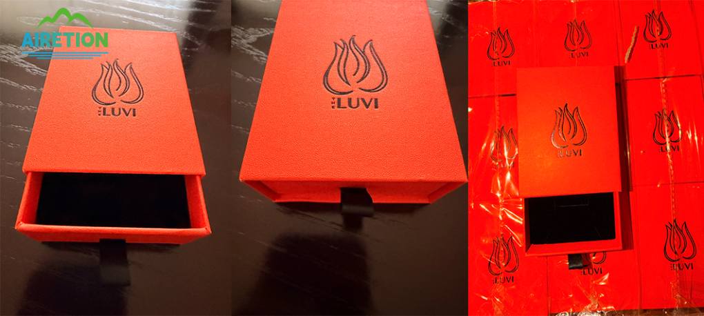 custom red drawer rigid gift box with debossed LUVI logo